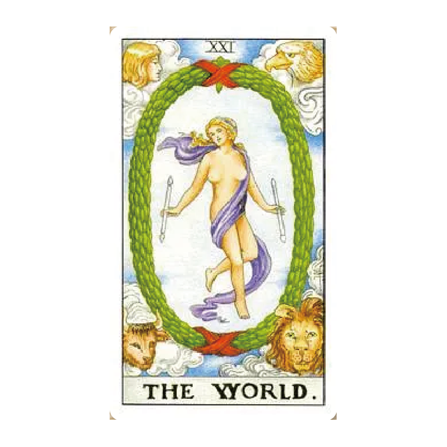 塔羅牌「世界」特寫，人物在花環中舞動、四角各有一頭聖獸